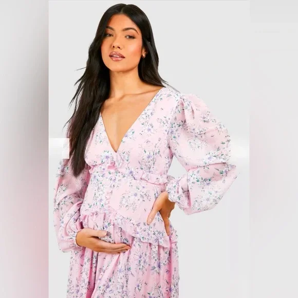 Boohoo Maternity Floral Print Side Slit Maxi Dress - Picture 3 of 4